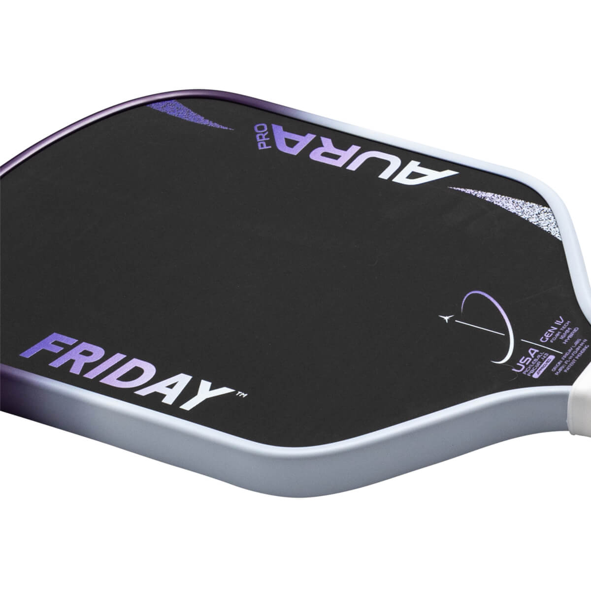 Corner view of the "FRIDAY" pickleball paddle showing the "AURA PRO" logo and an arrow design.