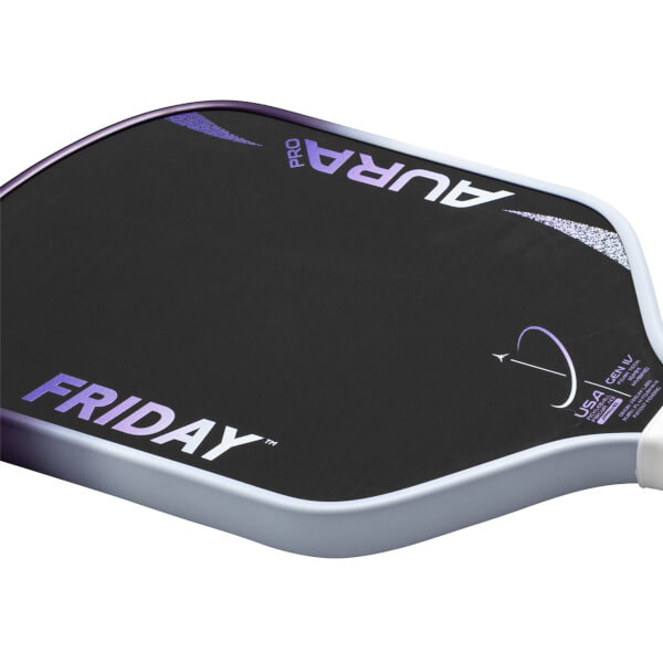 Corner view of the "FRIDAY" pickleball paddle showing the "AURA PRO" logo and an arrow design.