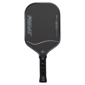 Front view of a black pickleball paddle with FRIDAY and FEVER - 102 in silver, and a black textured grip.