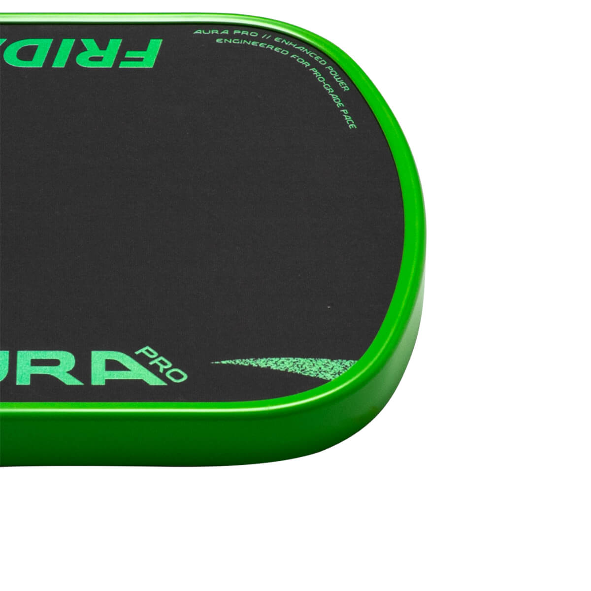 Top-down view of a bright green pickleball paddle with "FRIDAY" and "AURA PRO" text.