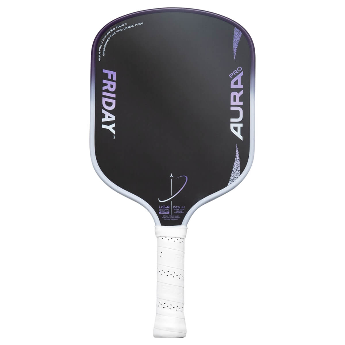 Front view of the paddle, showing "FRIDAY" and "AURA PRO" text, with a white grip.