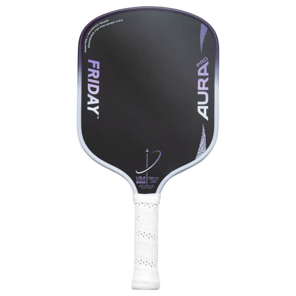 Front view of the paddle, showing "FRIDAY" and "AURA PRO" text, with a white grip.