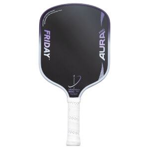 Front view of the paddle, showing "FRIDAY" and "AURA PRO" text, with a white grip.