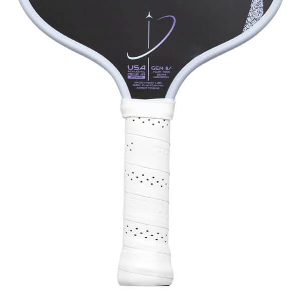 Top-down view showing the white perforated grip and the black paddle surface with "USA Pickleball Approved" and "GEN IV" text.