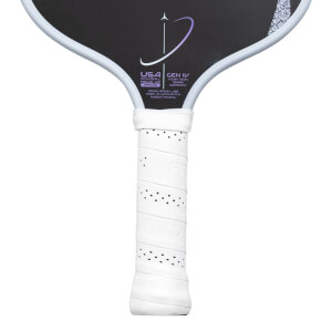 Top-down view showing the white perforated grip and the black paddle surface with "USA Pickleball Approved" and "GEN IV" text.