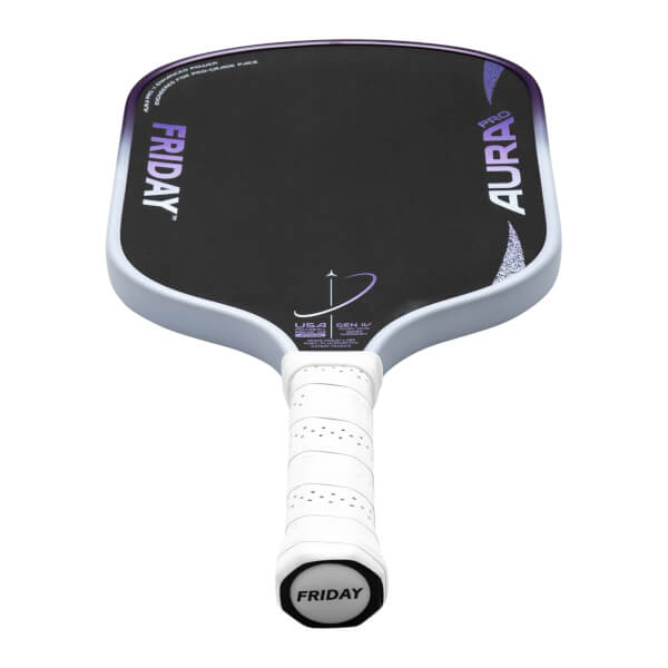 Top-down view of a pickleball paddle, showing "FRIDAY" and "AURA PRO" text, and a white grip with "FRIDAY" on the butt cap.
