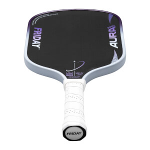 Top-down view of a pickleball paddle, showing "FRIDAY" and "AURA PRO" text, and a white grip with "FRIDAY" on the butt cap.