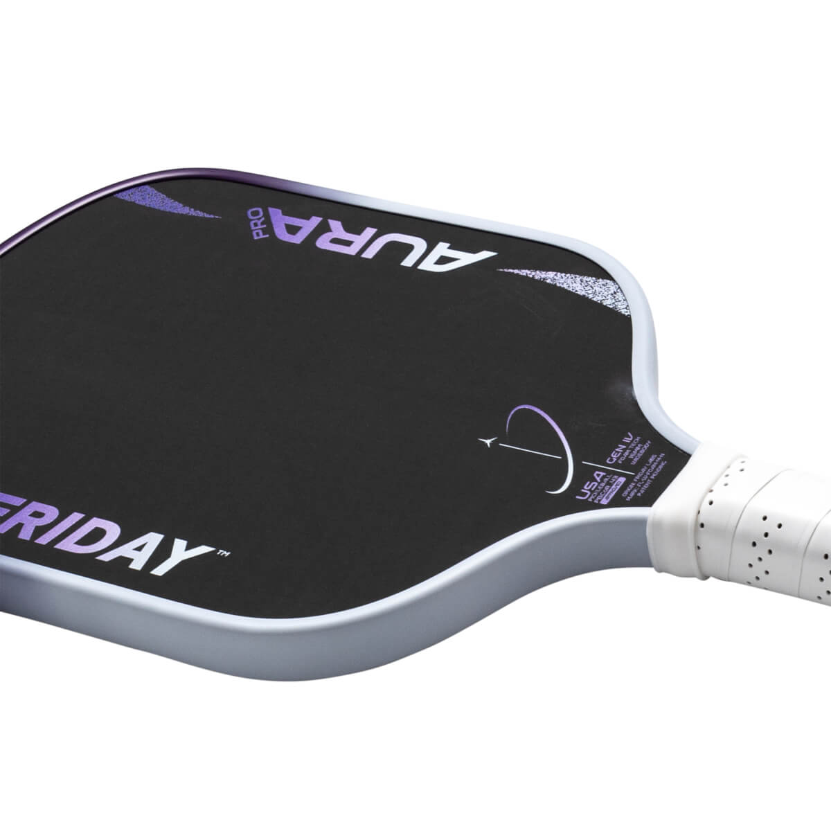 Front corner view of the Friday Aura Pro paddle, showing the "FRIDAY" text and gradient "AURA" logo.