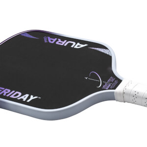 Front corner view of the Friday Aura Pro paddle, showing the "FRIDAY" text and gradient "AURA" logo.