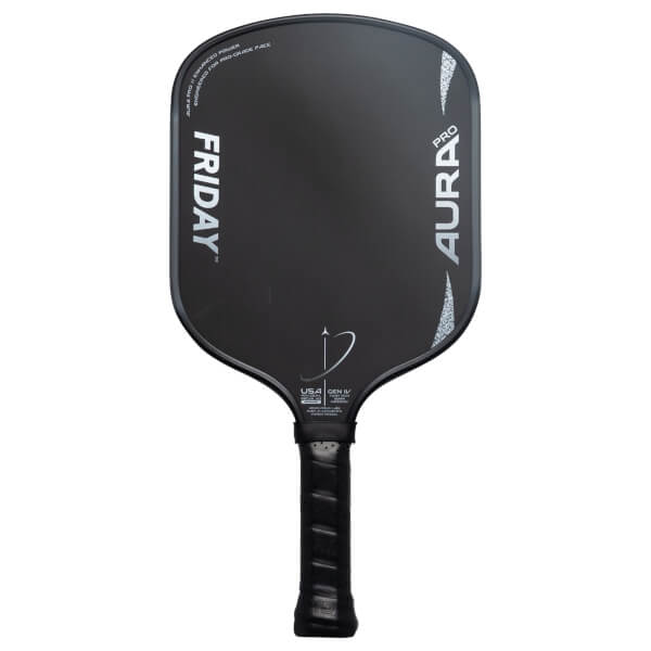 Front view of a black Friday Aura Pro pickleball paddle, showing "FRIDAY" and "AURA PRO" text.
