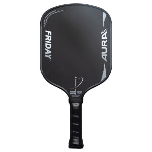 Front view of a black Friday Aura Pro pickleball paddle, showing "FRIDAY" and "AURA PRO" text.