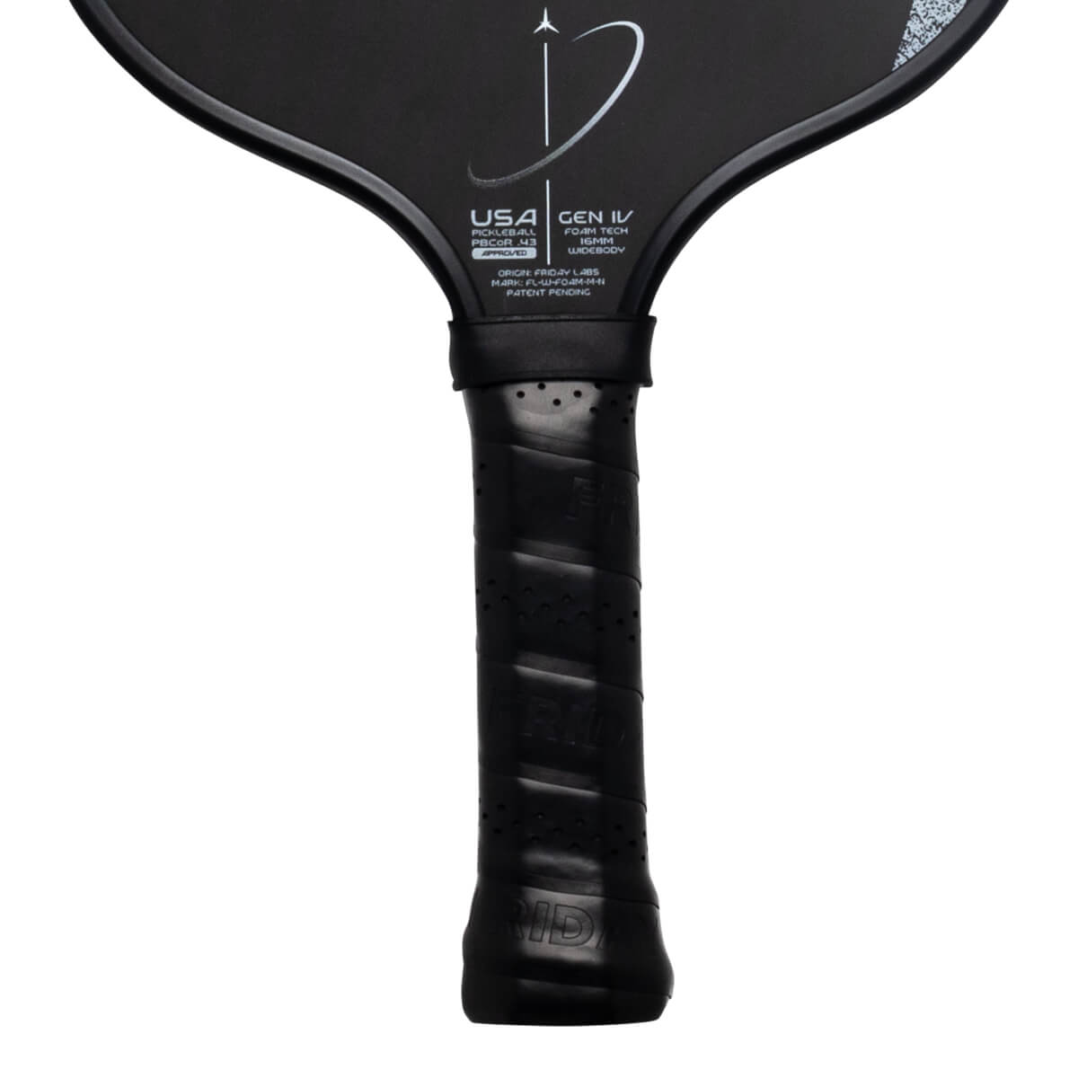 Front view of a black pickleball paddle showing "USA PICKLEBALL APPROVED", "GEN IV FOAM TECH", "16MM WIDEBODY", and "PATENT PENDING".