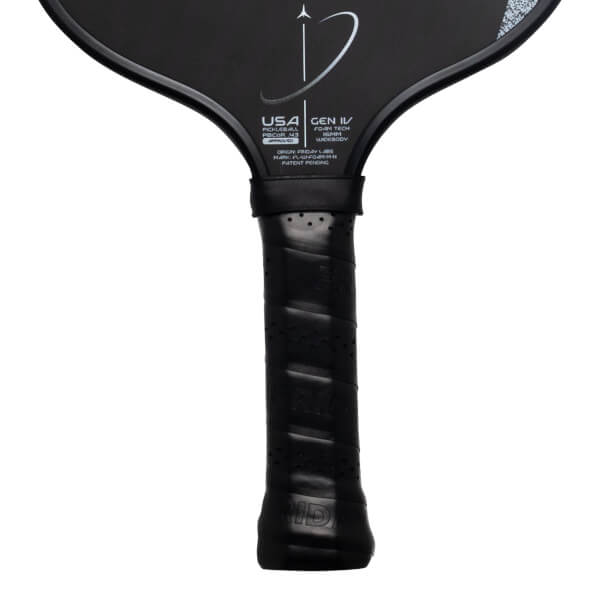 Front view of a black pickleball paddle showing "USA PICKLEBALL APPROVED", "GEN IV FOAM TECH", "16MM WIDEBODY", and "PATENT PENDING".