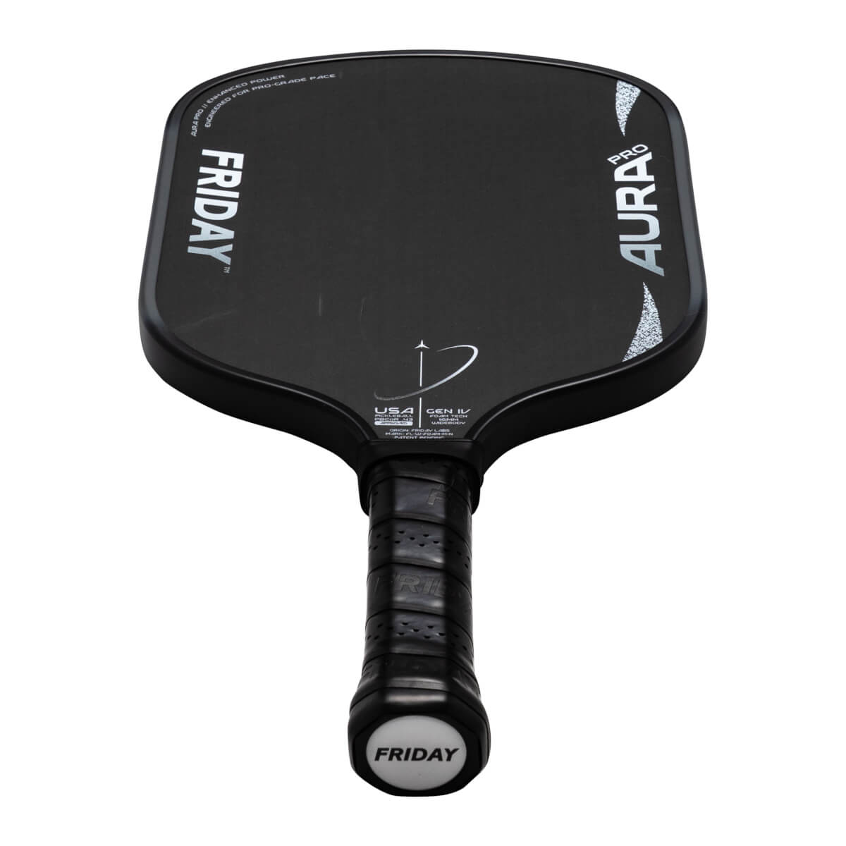Top-down view of the black FRIDAY AURA PRO paddle, showing "FRIDAY" vertically and "AURA PRO" horizontally.