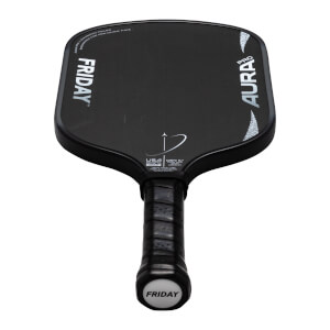 Top-down view of the black FRIDAY AURA PRO paddle, showing "FRIDAY" vertically and "AURA PRO" horizontally.