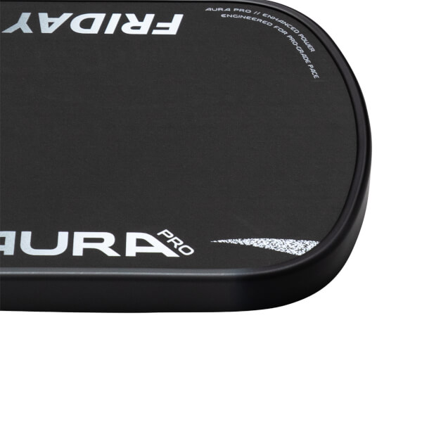 Corner view of a black paddle displaying "FRIDAY" and "AURA PRO" in white lettering.