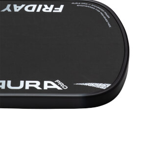 Corner view of a black paddle displaying "FRIDAY" and "AURA PRO" in white lettering.