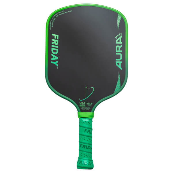 Front view showing the "FRIDAY" and "AURA PRO" logos, green trim, and grip.