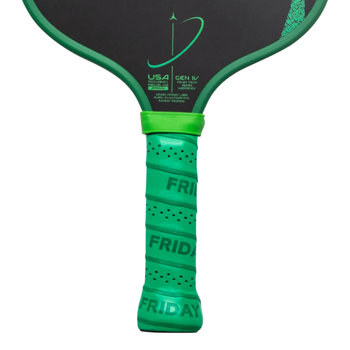 Close-up of the green grip with "FRIDAY" text and the carbon fiber paddle's "USA GEN IV" markings.