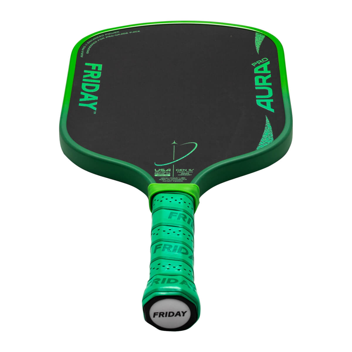 Top-down view of a green and black pickleball paddle with "FRIDAY" and "AURA PRO" visible.
