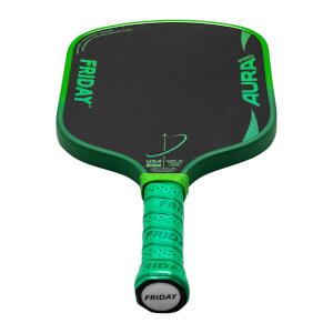 Top-down view of a green and black pickleball paddle with "FRIDAY" and "AURA PRO" visible.