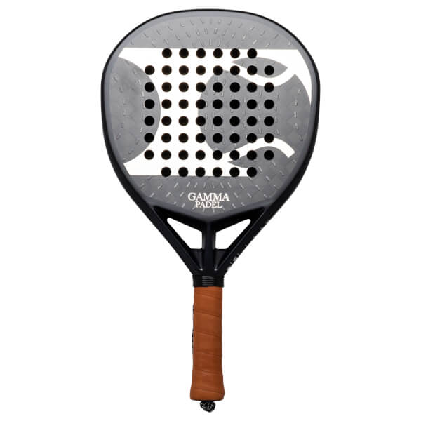 Front view of a black padel racket with a white abstract design, circular holes, and "GAMMA PADEL" text.