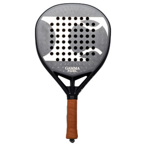 Front view of a black padel racket with a white abstract design, circular holes, and "GAMMA PADEL" text.