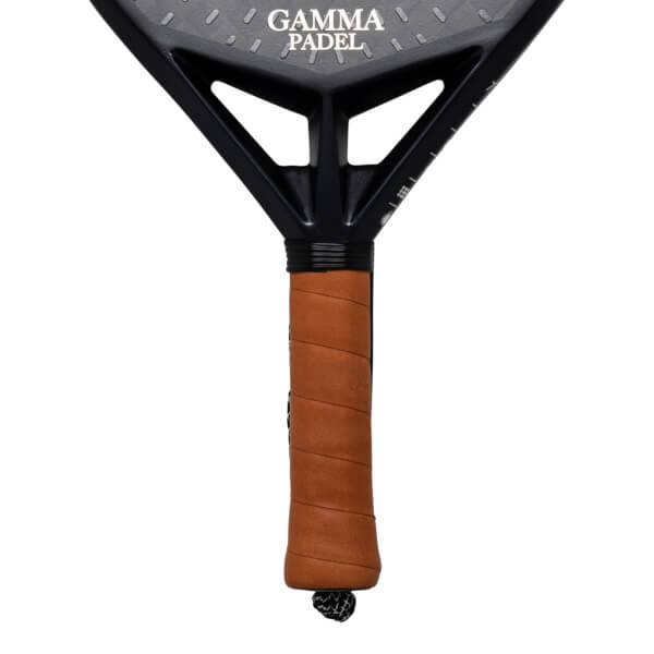 Close-up of a black GAMMA PADEL racket head with a brown grip and black end cap.