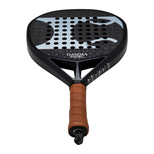 Top-down view of a black GAMMA PADEL racket with a brown grip and a white abstract design.