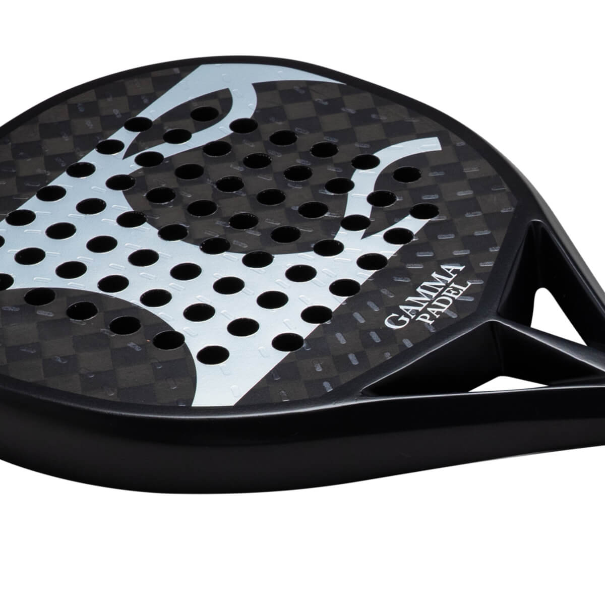 Close-up of a black padel racket face with a checkered pattern, circular holes, and "GAMMA PADEL" text.