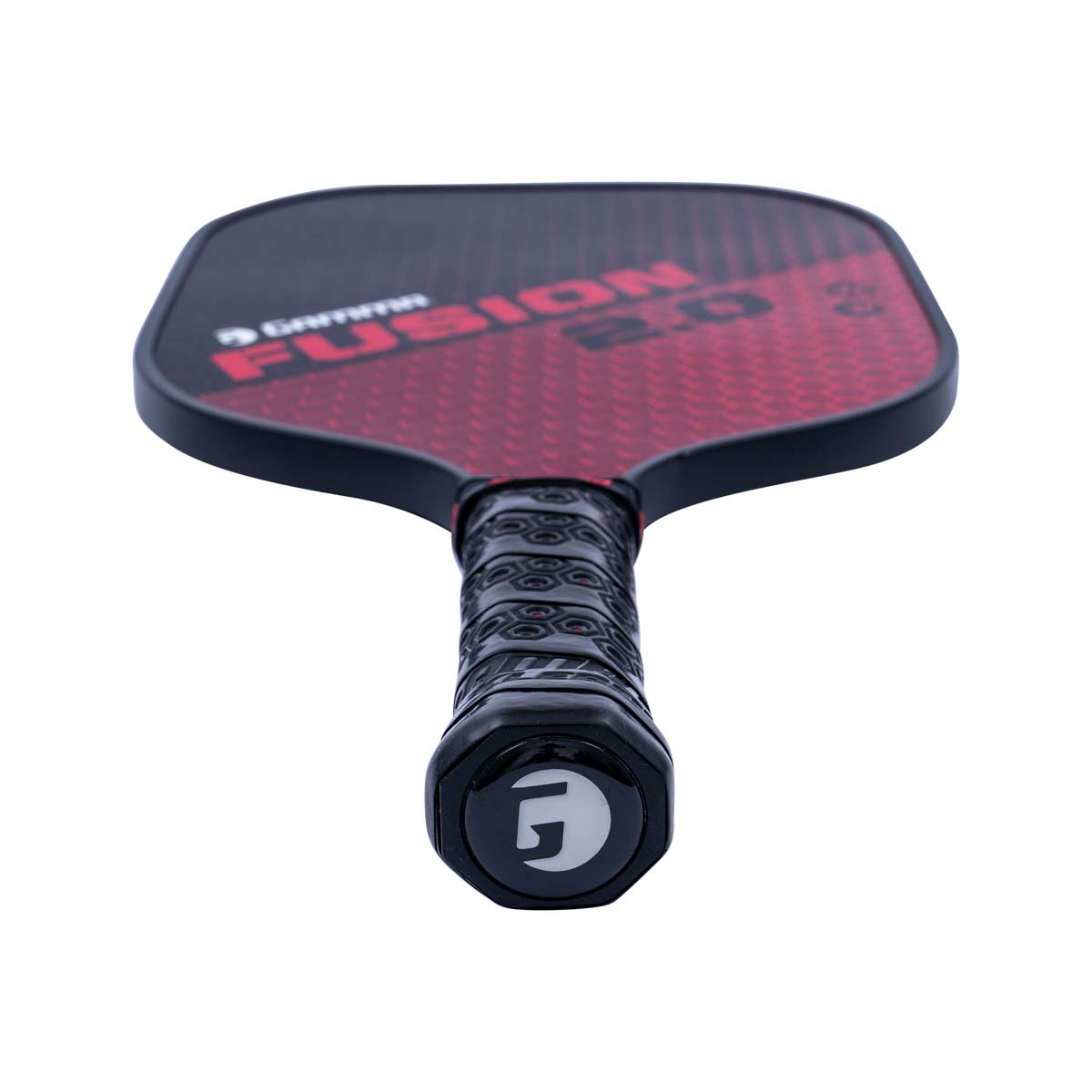 Top-down view of a red and black GAMMA Fusion 2.0 pickleball paddle with a textured surface and black grip.