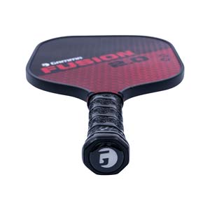 Top-down view of a red and black GAMMA Fusion 2.0 pickleball paddle with a textured surface and black grip.