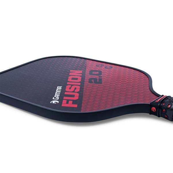 Side view of a black and red pickleball paddle with GAMMA FUSION 2.0 text and honeycomb pattern.