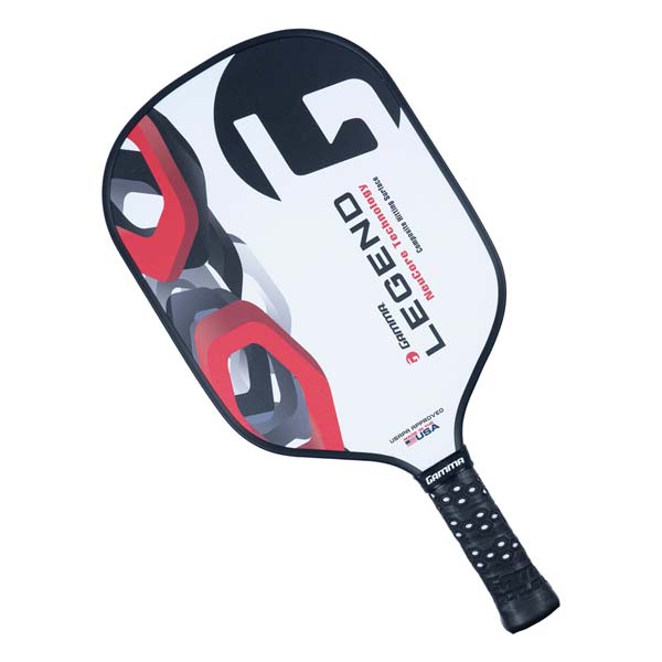 Top-down view of a white pickleball paddle with red and black abstract design, LEGEND text, and GAMMA branding.