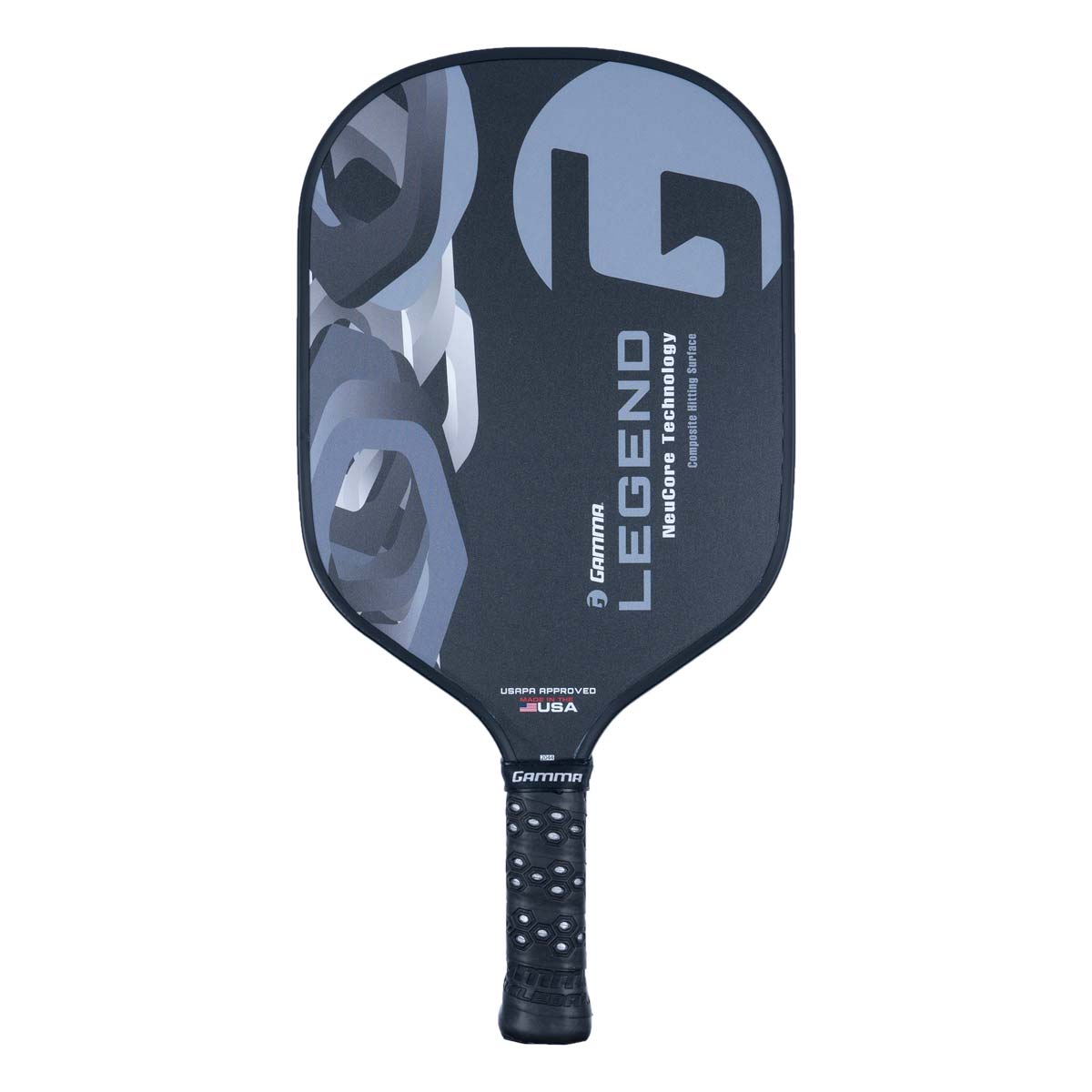 Front view of a black GAMMA Legend pickleball paddle with a large grey G logo and white text.