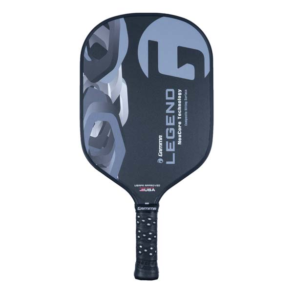 Front view of a black GAMMA Legend pickleball paddle with a large grey G logo and white text.