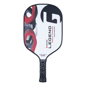 Front view of a white GAMMA Legend pickleball paddle with red and black abstract design and textured grip.