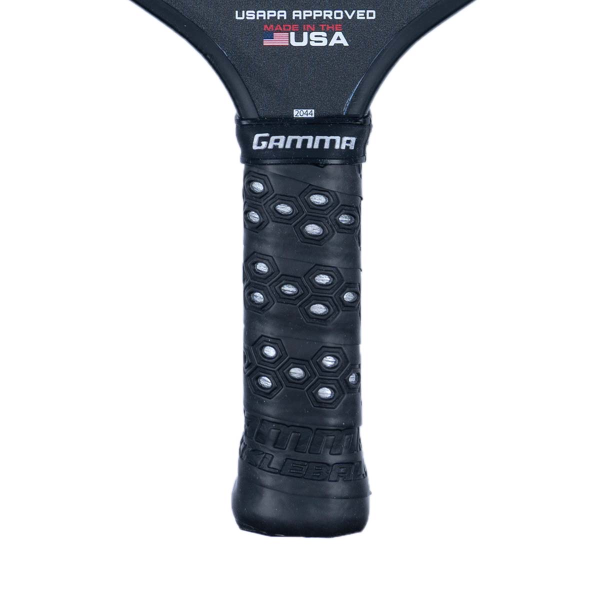 Close-up of a black pickleball paddle grip with honeycomb texture and GAMMA branding.