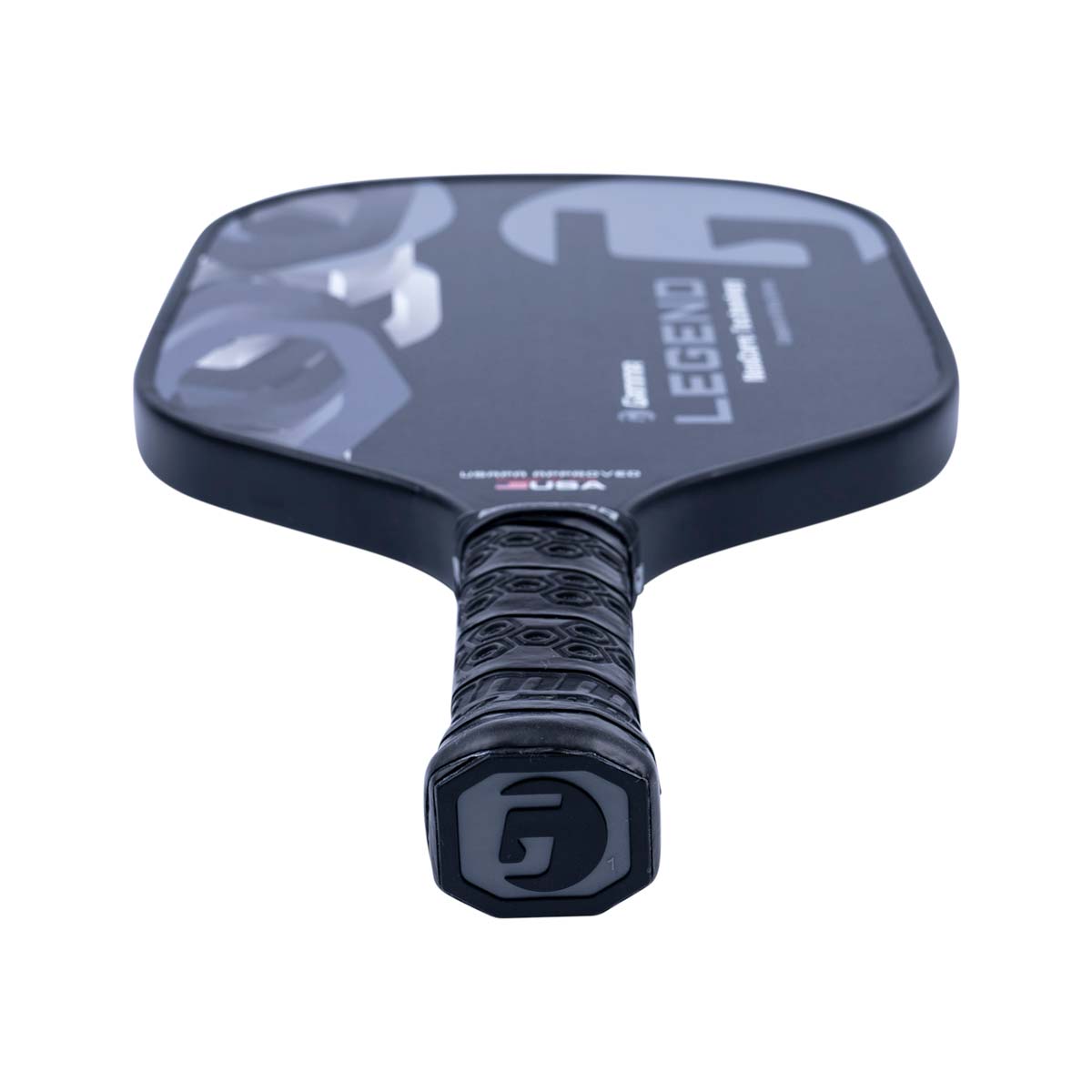 Top-down view of a black pickleball paddle with LEGEND text and a textured grip.
