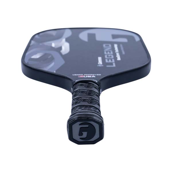 Top-down view of a black pickleball paddle with LEGEND text and a textured grip.