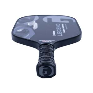 Top-down view of a black pickleball paddle with LEGEND text and a textured grip.