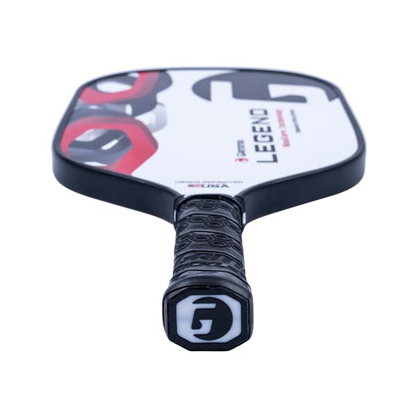 Top-down view of a white pickleball paddle with black grip, LEGEND text, and red accents.