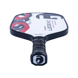 Top-down view of a white pickleball paddle with black grip, LEGEND text, and red accents.