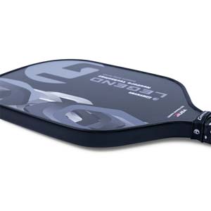 Side view of a black pickleball paddle with LEGEND text and a grey camouflage pattern.