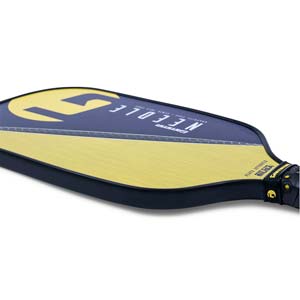 Side view of a blue and yellow GAMMA Needle pickleball paddle with a large yellow G graphic and USA text.