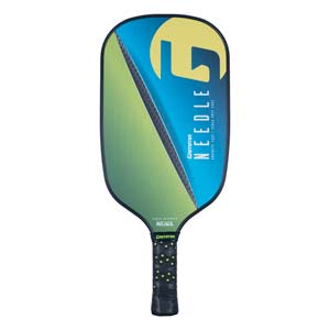 Front view of a blue and green pickleball paddle with a large yellow G and NEEDLE text.