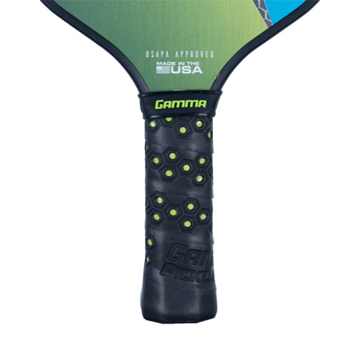 Close-up of a black pickleball paddle grip with honeycomb texture and GAMMA PICKLE text.