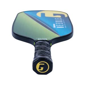 Top-down view of a blue and green pickleball paddle with a black grip and yellow G logo.