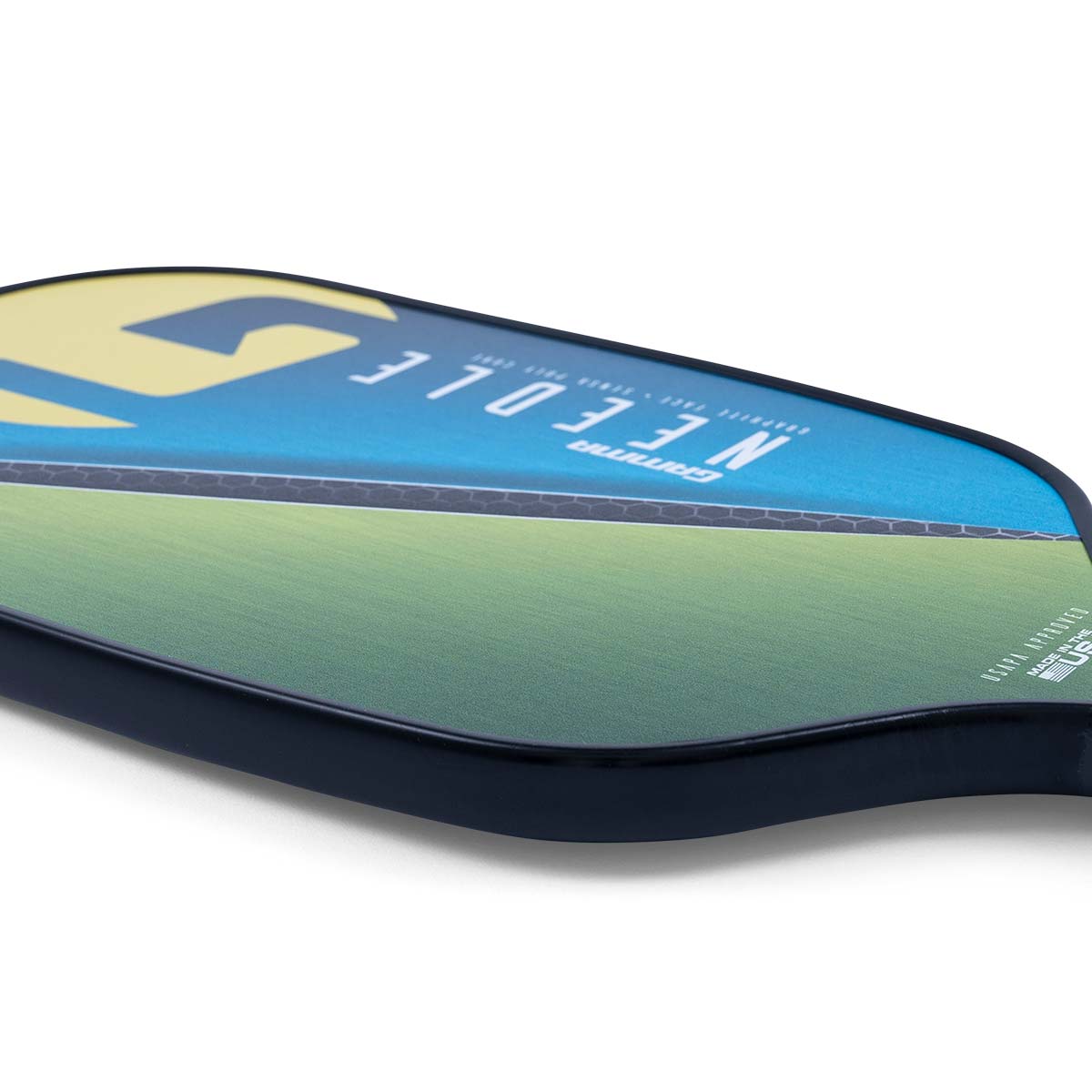 Side view of a blue and green GAMMA Needle pickleball paddle with yellow lettering and a black edge.