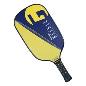 Front view of a blue and yellow GAMMA Needle pickleball paddle with a large yellow G and black grip.